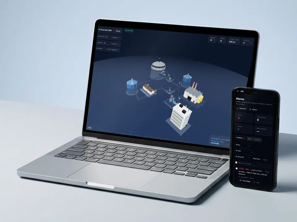 IoT Systems cloud dashboard showing live sensor readings and connection status
